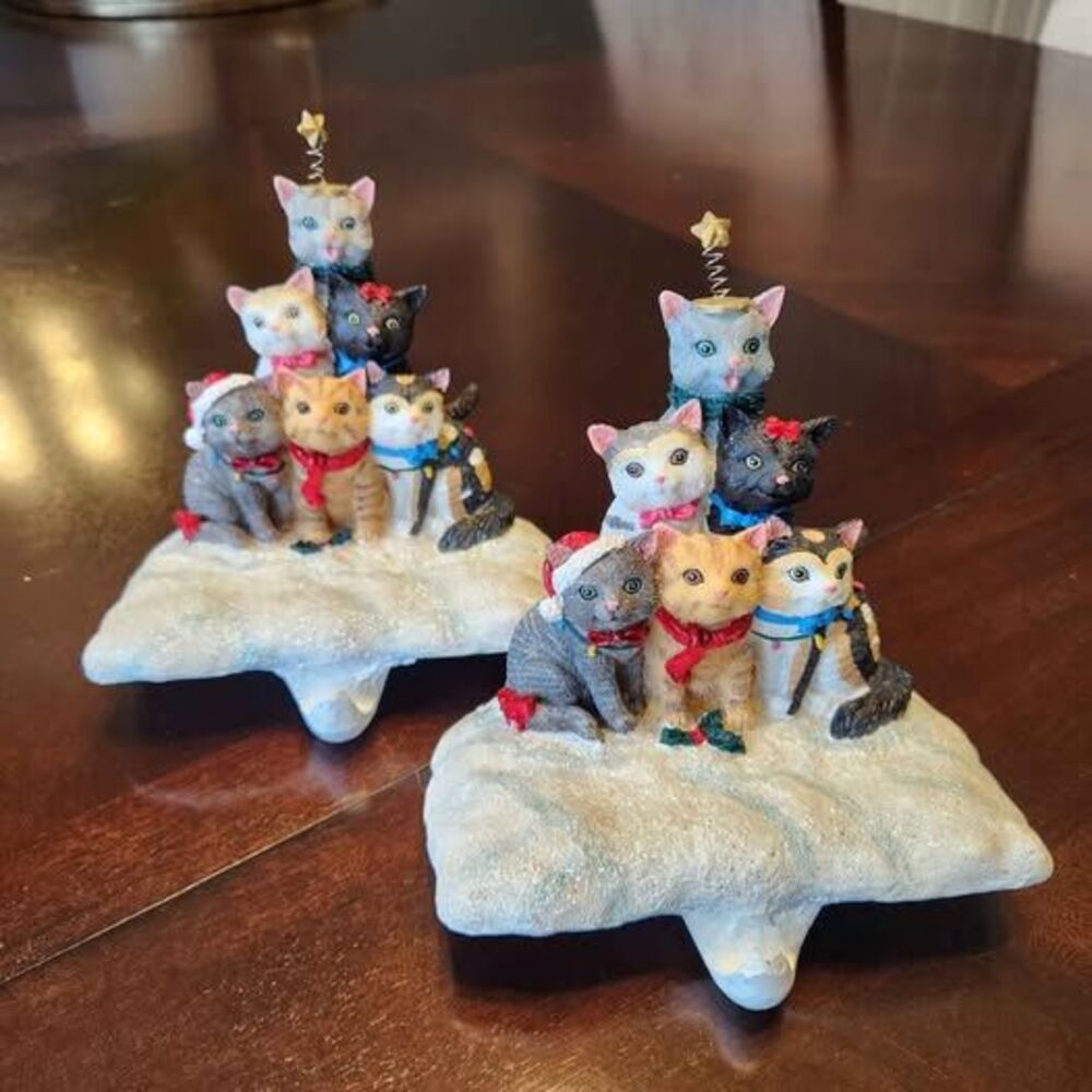 Cute Christmas Cats Heavy Stocking Holder Mantel Set of 2 Holiday Decor Kitty
